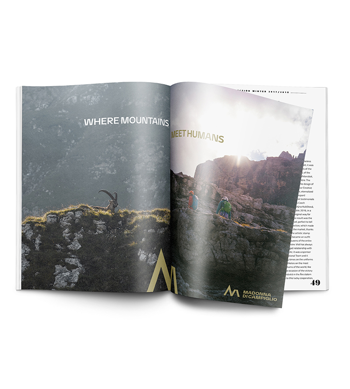 Campagna adv Madonna di Campiglio: "Where mountains meet humans" - camoscio e persone che fanno trekking