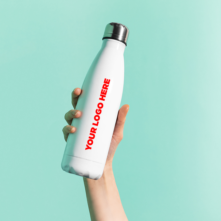 Close-up of female hand holding white reusable steel stainless thermo water bottle